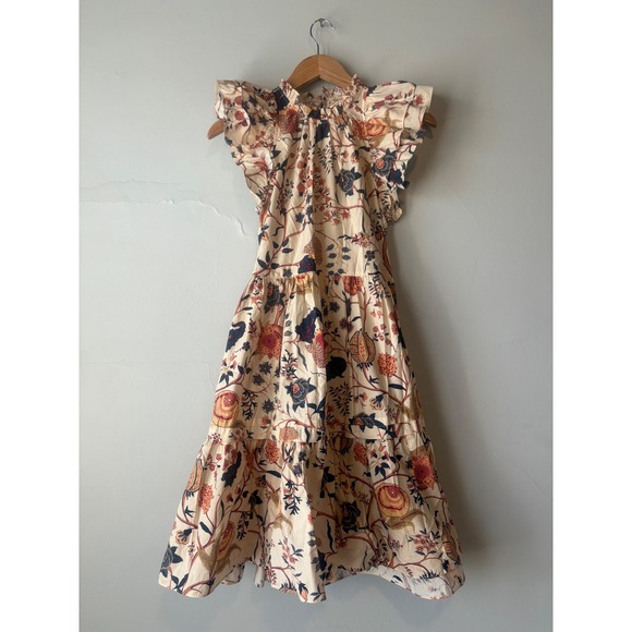 Ulla Johnson Floral Ruffle Tiered Babydoll Mini Dress Cream Blue Ochre - Picture 10 of 16